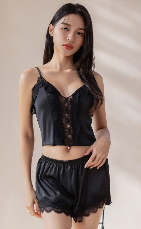 法式柔夜｜無襯緞面蕾絲成套睡衣 - 黑色