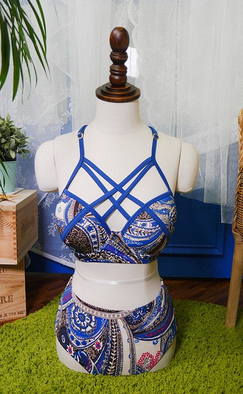 豔夏海洋 交叉美胸兩件式泳衣 M-L AINIA - 藍色